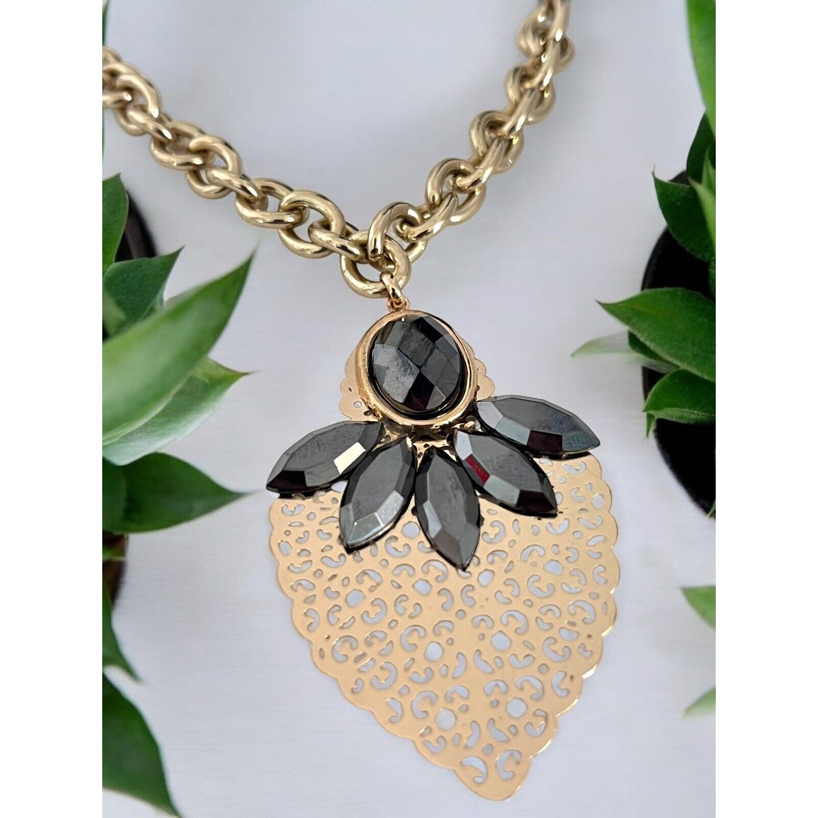 New Gold Tone Necklace Ornate Pendant Hematite Stones Spring Street - 10x